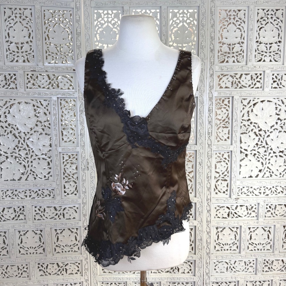 Vtg Y2K Adrianna Papell Asymmetric Lace Beaded Tank Top Womens 12 Satin Fairy